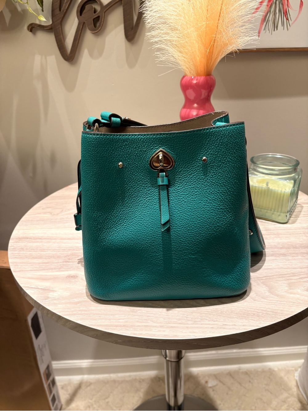 kate spade Teal Pebbled Leather Shoulder Bag with Gold Heart Lock